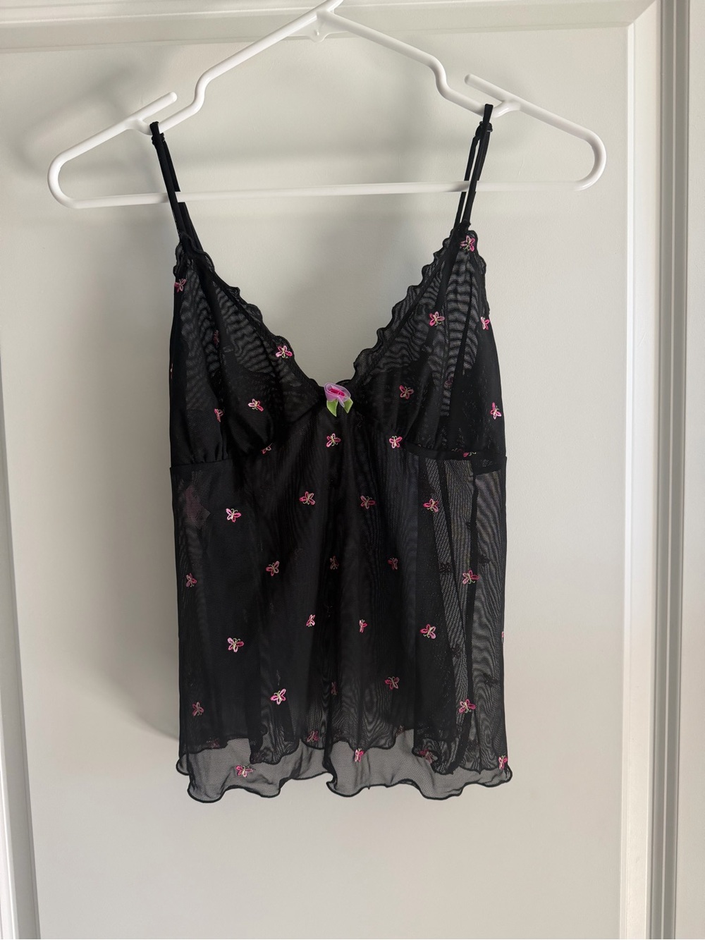 Victoria's Secret Black Mesh Top with Pink & Green Butterfly Embroidery